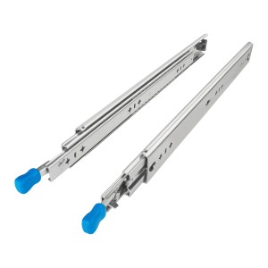 Zwei verzinkte SOTECH Schwerlastauszüge 800 mm für Schubkästen, 100 kg, mit blauen Lock-Funktionshebeln.