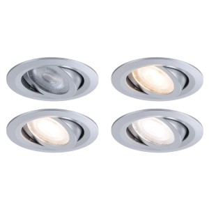 Chrom matter LED-Einbaustrahler mit WhiteSelect Funktion. Zeigt Lichtfarben: aus, warmweiß, neutralweiß. Schwenkbar.