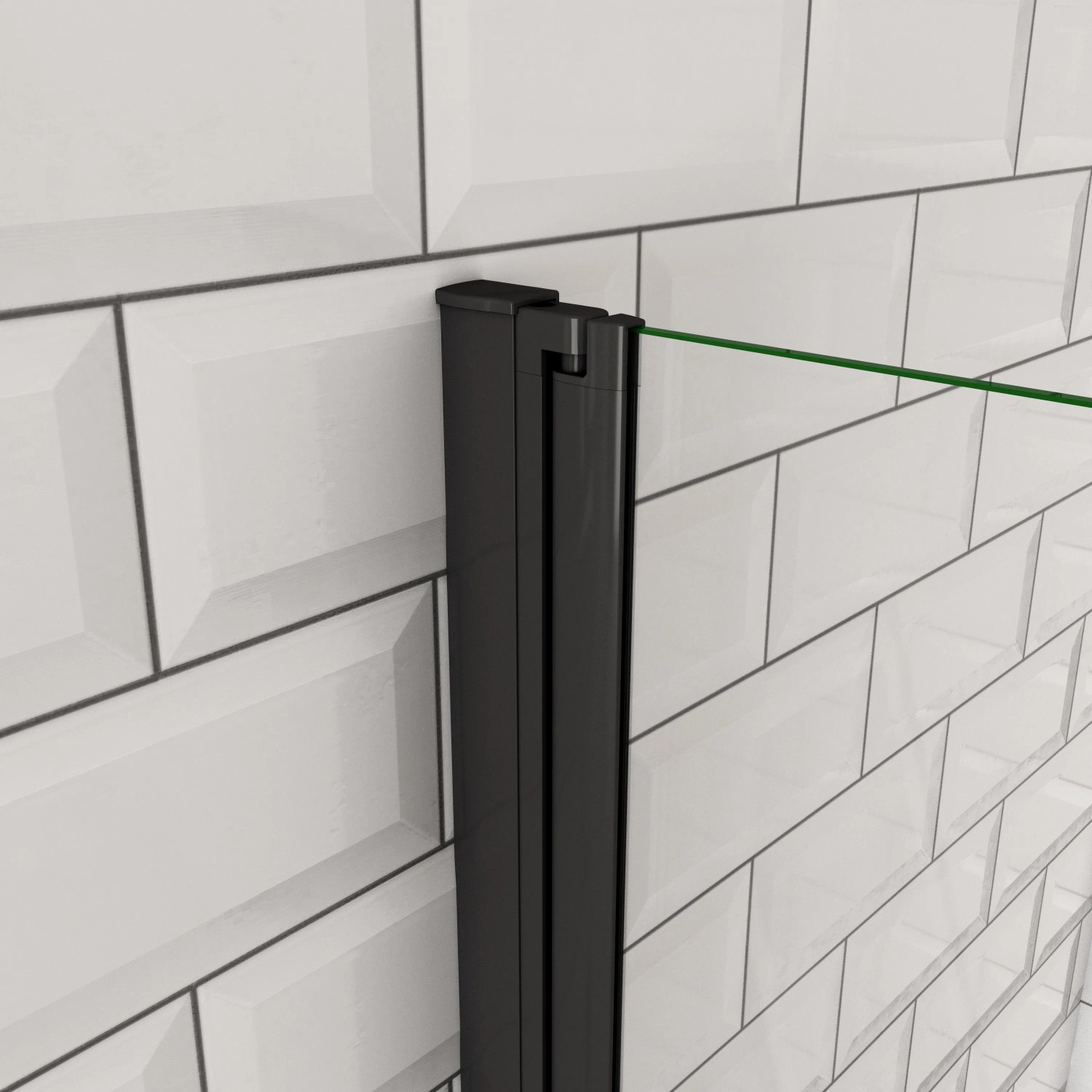 Detailaufnahme: Schwarze AICA Walk-In Duschabtrennung mit Falttür vor weißer Wand.