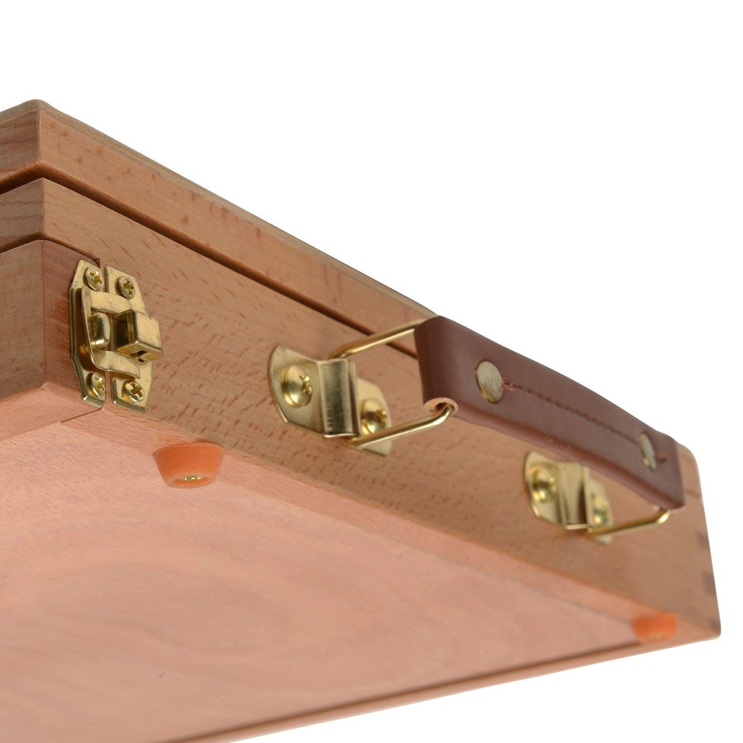 Geschlossene Artina Calais Staffelei aus Buchenholz mit Tragegriff und goldenen Verschlüssen.