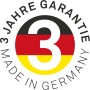 Rundes Siegel mit 3 Jahre Garantie und Made in Germany Schriftzug, in den Farben der deutschen Flagge.
