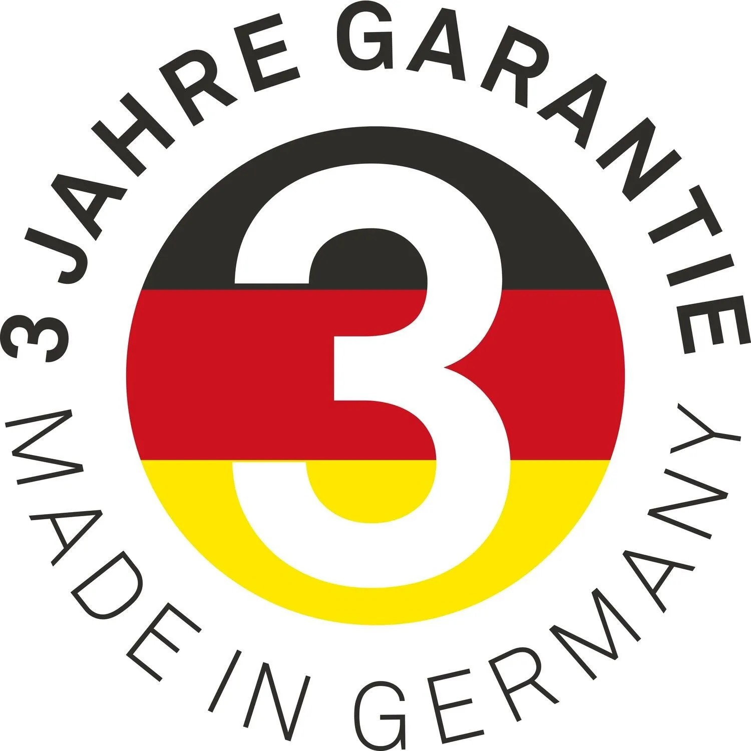 Rundes Siegel mit 3 Jahre Garantie und Made in Germany Schriftzug, in den Farben der deutschen Flagge.