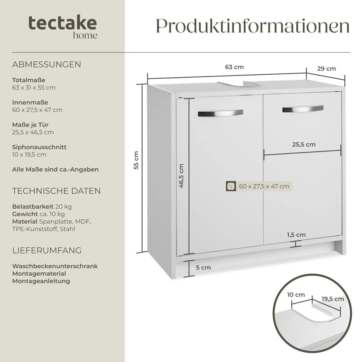 Weißer Tectake Waschbeckenunterschrank Katalina mit zwei Türen und Metallgriffen, Maße eingezeichnet.