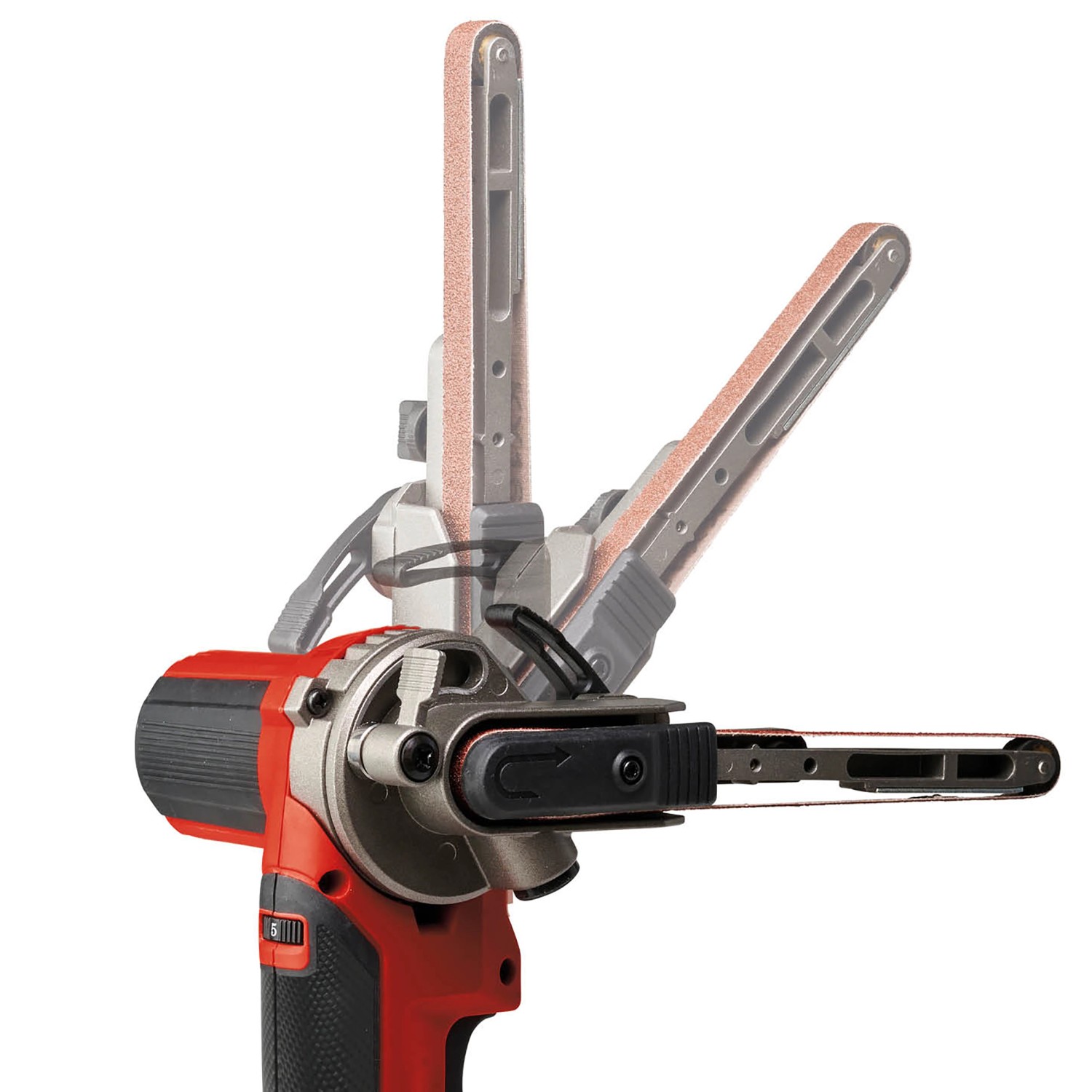 Einhell Akku-Bandfeile TE-BF 18 V Li-Solo mit schwenkbarem Schleifarm in verschiedenen Positionen.