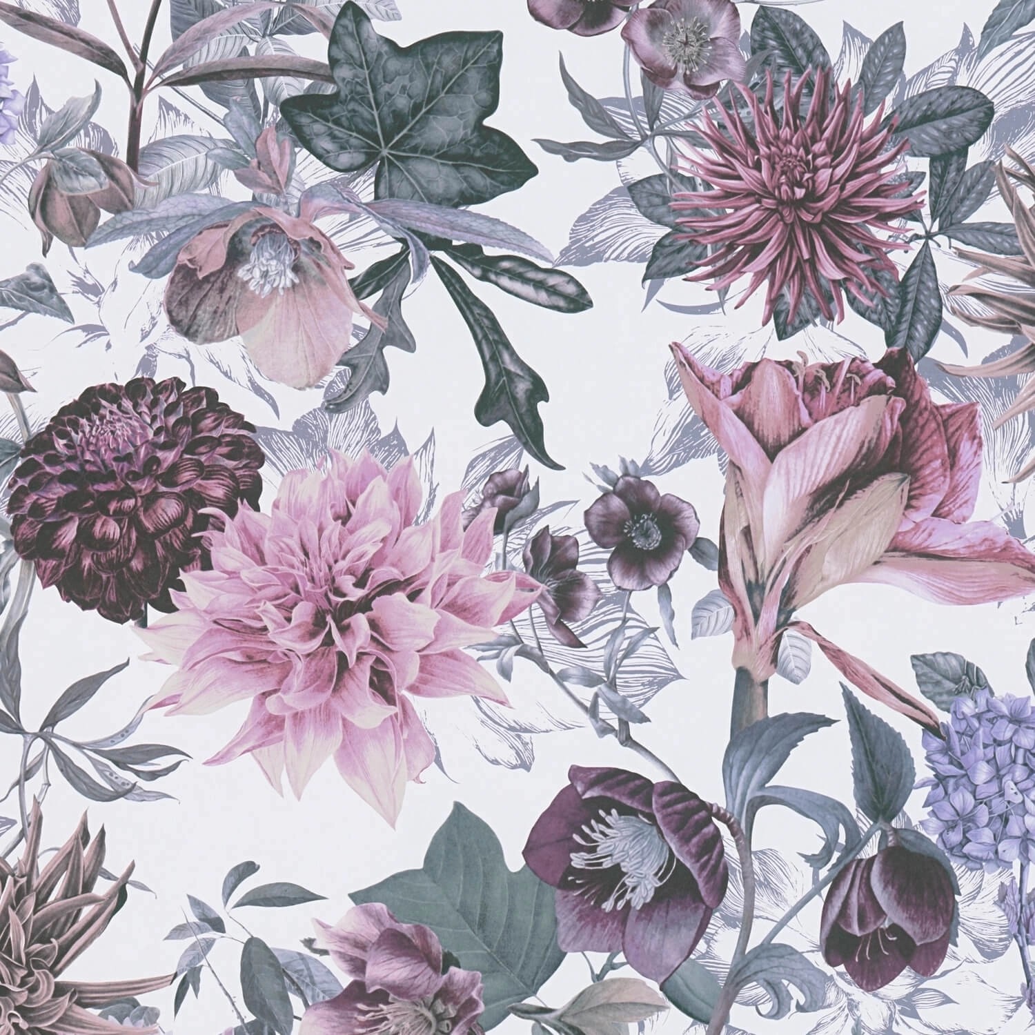 PROFHOME 381752-GU Blumen Tapete Floral Matt Weiß Lila Rosa Grau 0,53 m x 1 günstig online kaufen