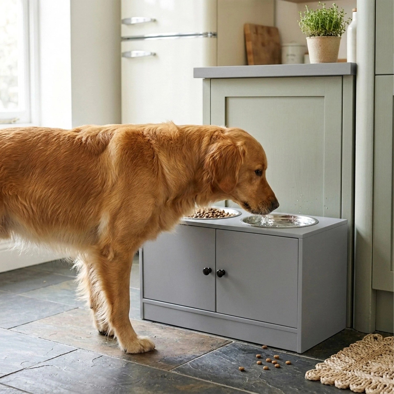 Graue erhöhte Hundefutterstation aus MDF mit 2 Edelstahlnäpfen und Schrankfach. Golden Retriever nutzt die Futterbar.