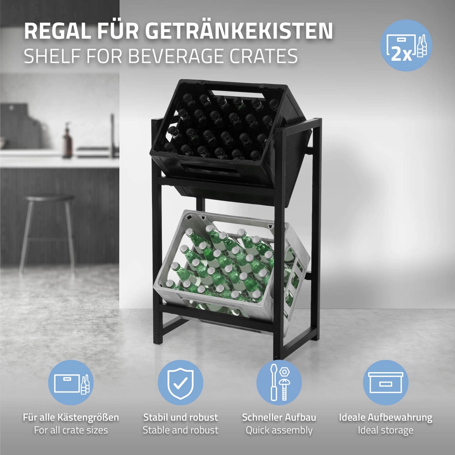 ML-Design Getränkekistenregal für 2 Kisten aus Stahl, anthrazit, freistehend.