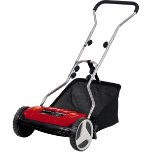 Einhell Hand-Rasenmäher GE-HM 38 S-F mit Fangkorb. Spindelmäher in Rot und Silber.