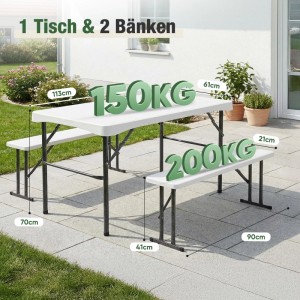 Sekey Bierzeltgarnitur, klappbar, weiß, mit Tisch (113cm) und zwei Bänken. Ideal für Garten und Party.