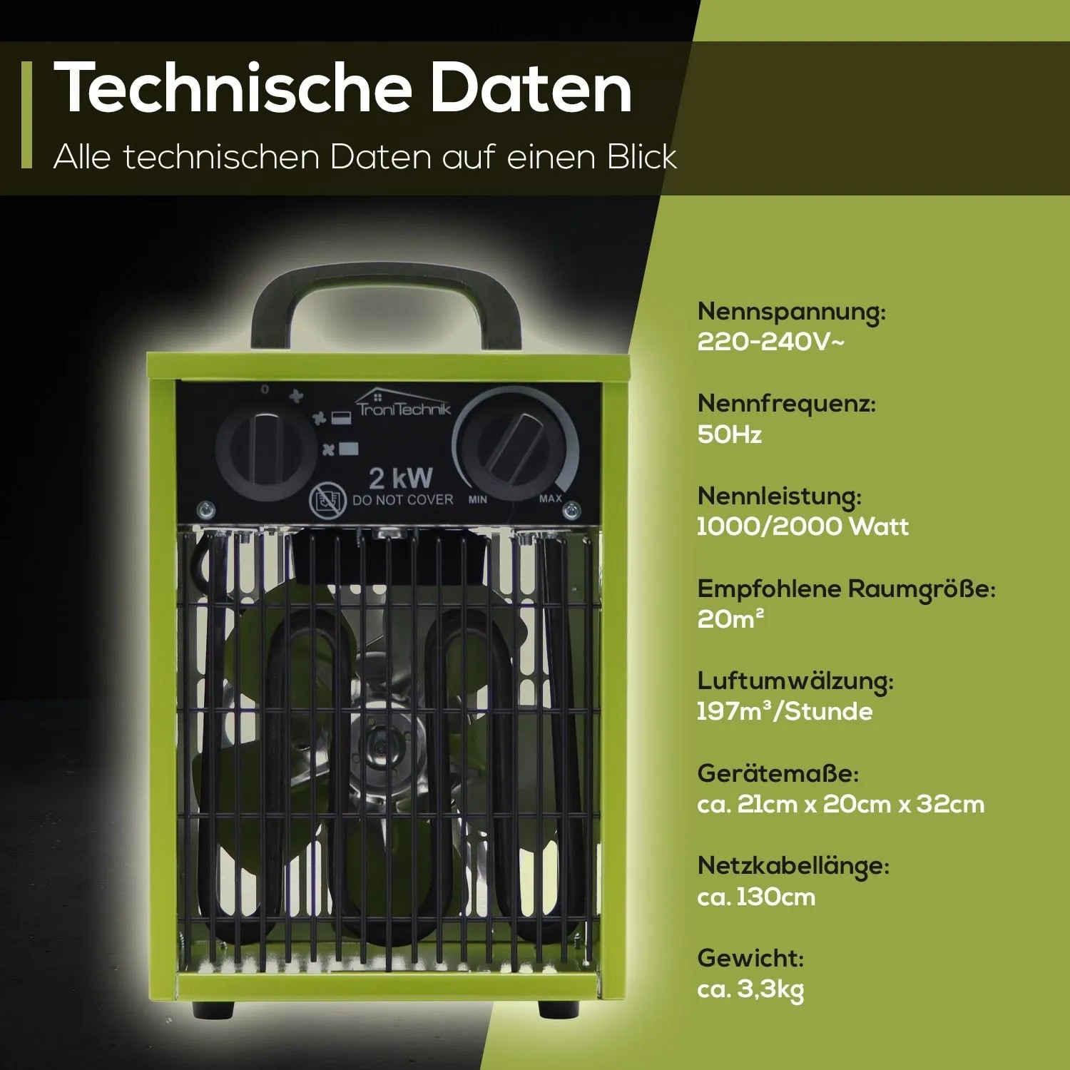 Tronitechnik Heizgerät Heizlüfter Heizung 2000 Watt Tragegriff Stahl Thermosteuerung_3