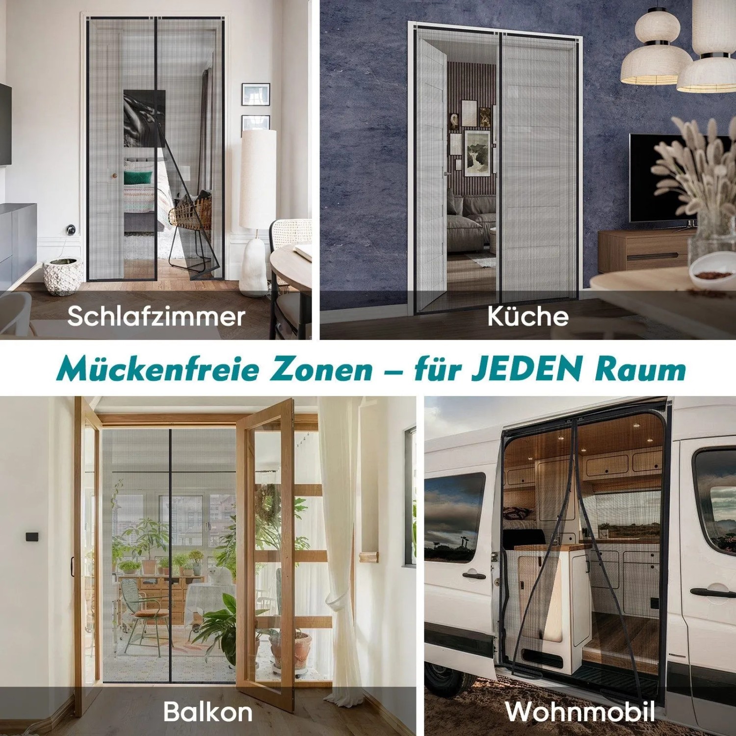 Schwarzes magnetisches Insektenschutz-Fliegengitter für Türen, zuschneidbar, mit Klettverschluss. Vielseitig einsetzbar in Haus & Wohnmobil.
