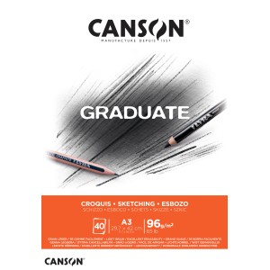 CANSON Graduate Skizzenblock A3, 40 Blatt, naturweiß, 96 g/m², für Skizzen und Entwürfe.