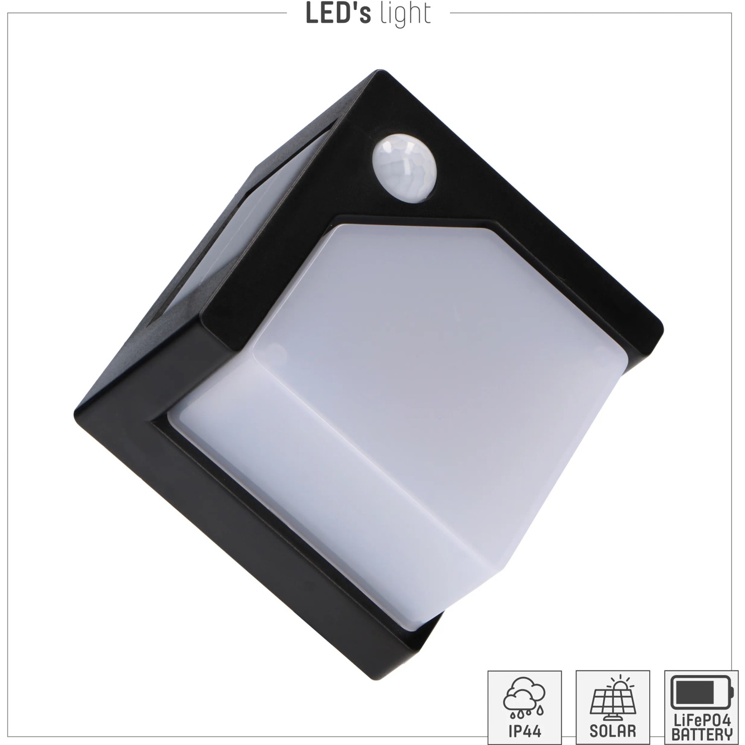 Schwarze Solar-Wandleuchte Pretoria mit Sensor, 1 W, 50 lm, 2700 K, IP44 für den Außenbereich.