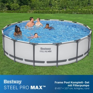 Runder Bestway Framepool Steel Pro Max lichtgrau (Ø 457x107 cm) im Garten, Familie badet. Komplettset mit Pumpe.