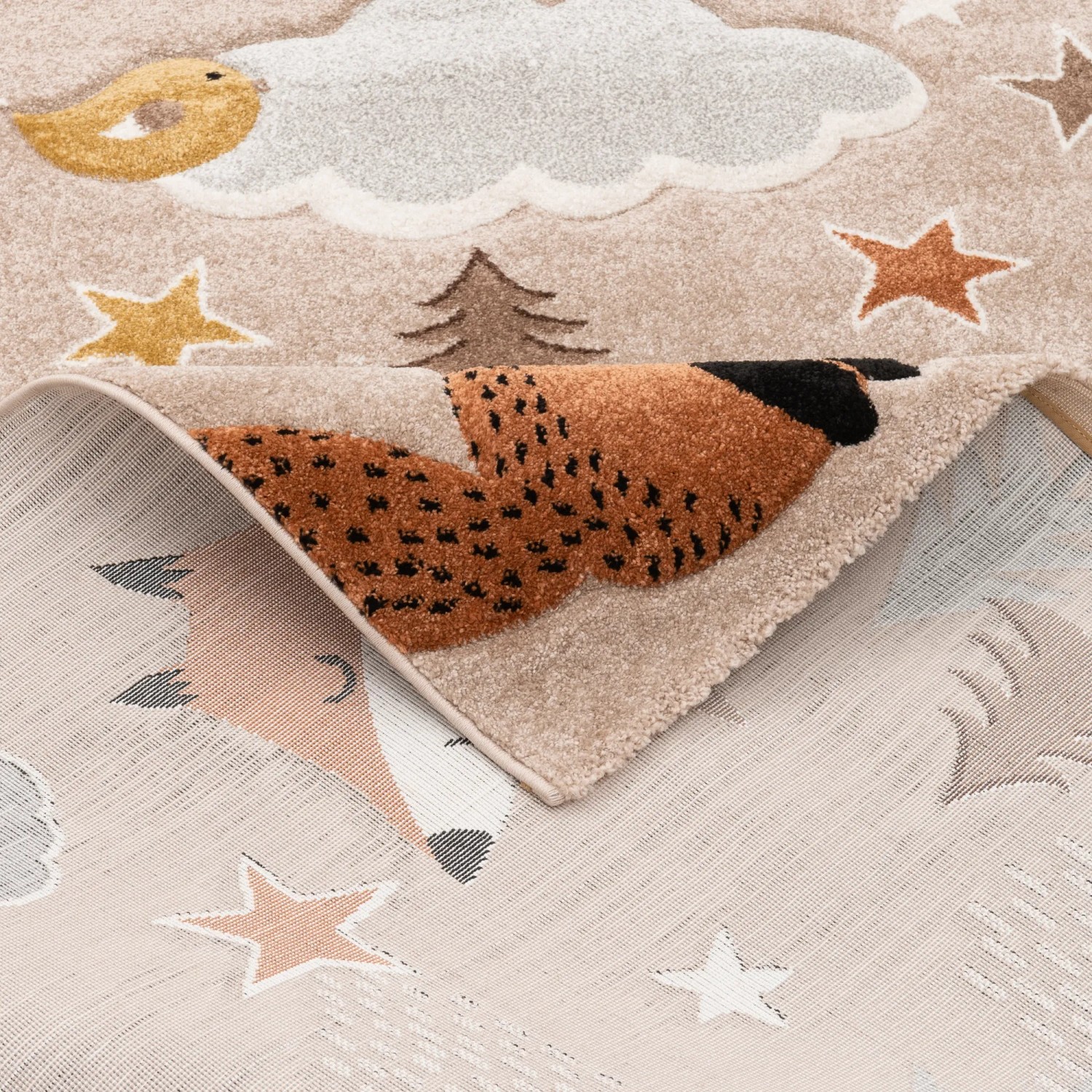 Kinderteppich mit Fuchs und Bär Motiv in Braun, 80x150cm. Weicher Teppich für Kinderzimmer.