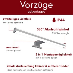 Kalb LED Spiegelleuchte Sandro, 41cm, verchromt, mit 3-in-1 Montage, IP44 Schutz und Up/Down Licht für Bäder.