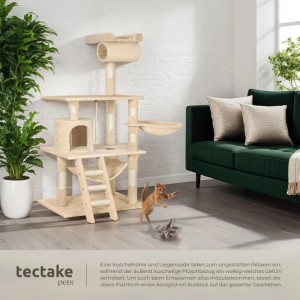 Beiger Tectake Kratzbaum Stokeley (141 cm) mit Sisal, Katzen spielen davor.