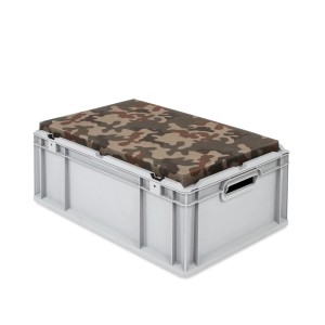Eurobox Sitzbox NextGen Camouflage, 44 Liter. Graue Aufbewahrungsbox mit Tarnmuster Sitzkissen.