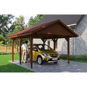 Satteldach-Carport Wallgau in Nussbaum mit roten Schindeln und gelbem Auto.