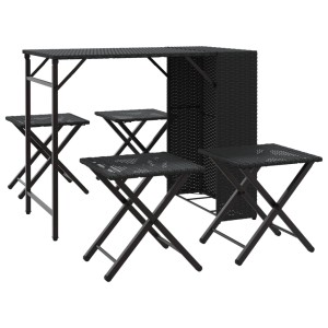 Schwarze, faltbare 5-tlg. Garten-Essgruppe aus Poly Rattan mit Tisch und Hockern.