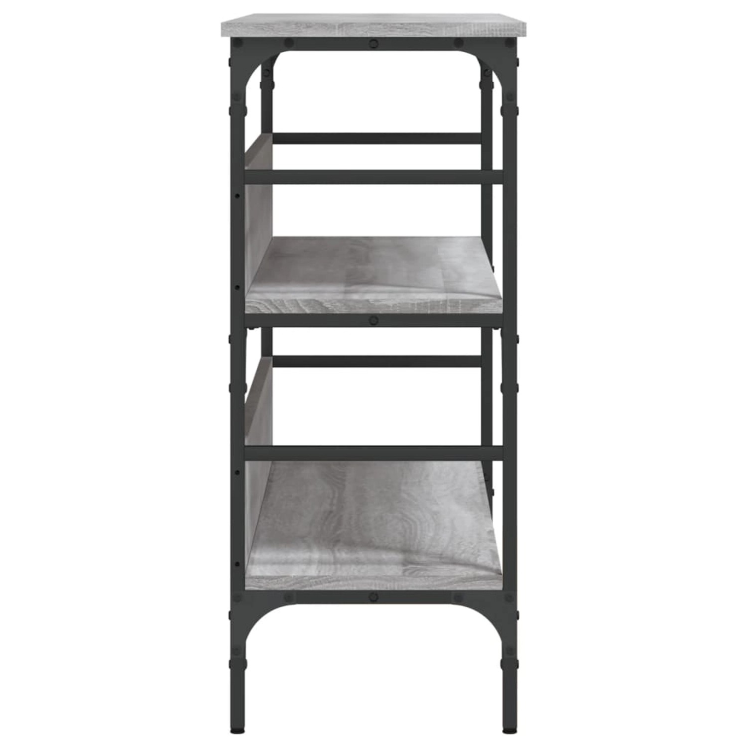 vidaXL Konsolentisch Grau Sonoma mit 3 Ablagen, Holzwerkstoff und Metallrahmen.