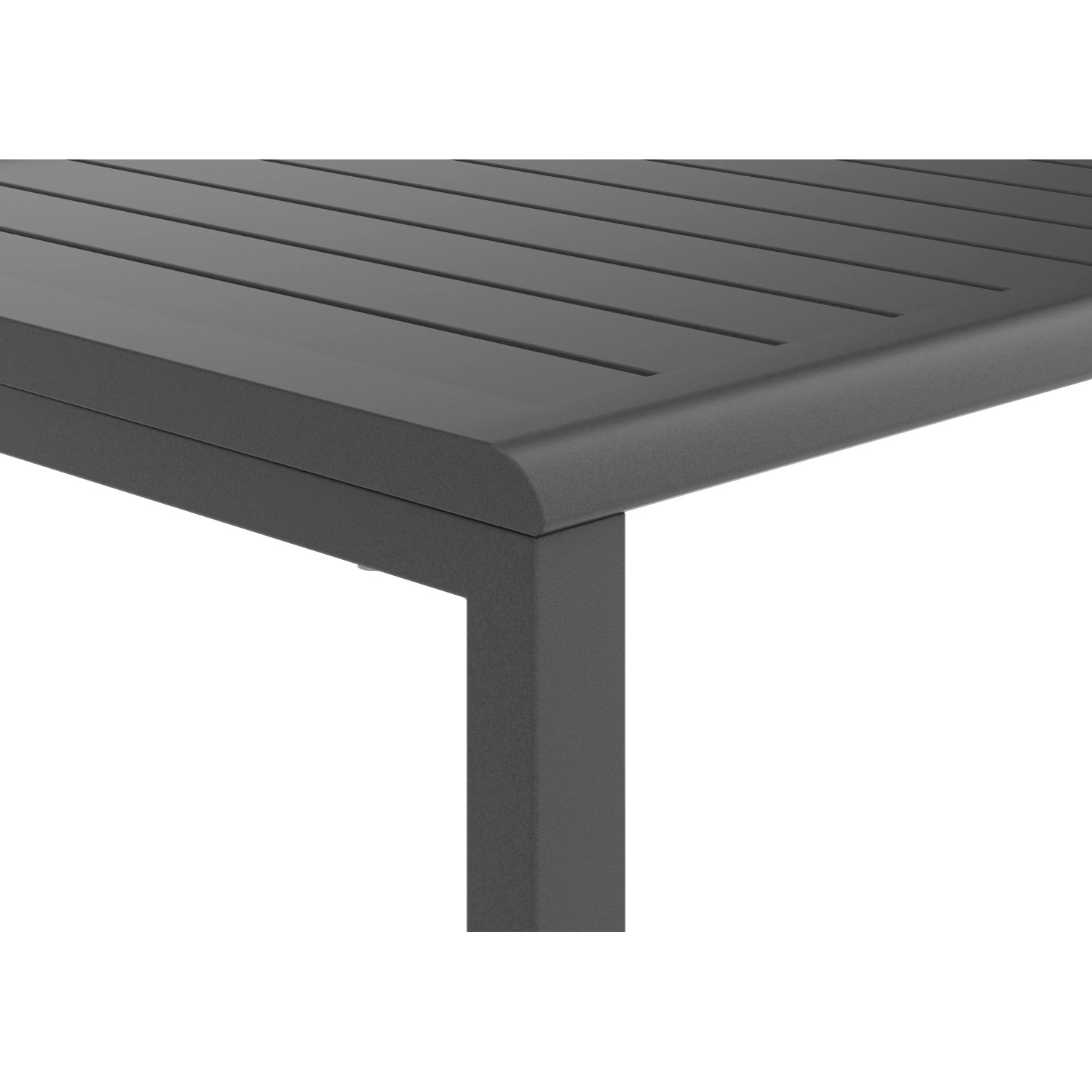 Detailansicht des anthrazitfarbenen Aluminium-Esstisches aus dem 4-teiligen Lounge-Set Tamworth.