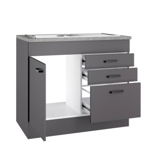OPTIFIT Spülenunterschrank Kiel420 in Anthrazit mit Spüle, Schubkästen und Tür für den Hauswirtschaftsraum.