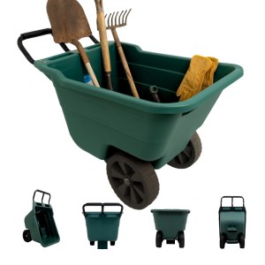 Grüner TRUTZHOLM Gartenwagen, 90L Kunststoffwanne, Stahlgriff, 2 PU Räder. Kippsichere Schubkarre mit Gartengeräten.