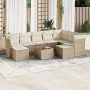 Beige 10-tlg. Garten-Sofagarnitur aus Polyrattan mit Kissen. Gartenmöbel für Terrasse und Garten.