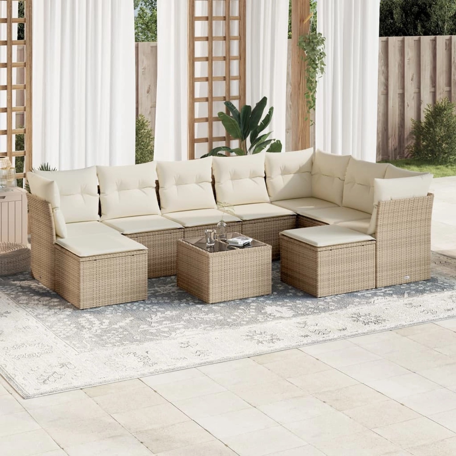 Beige 10-tlg. Garten-Sofagarnitur aus Polyrattan mit Kissen. Gartenmöbel für Terrasse und Garten.