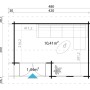 Technischer Grundriss des Lasita Maja Holz-Gartenhauses Hampshire 420x300 cm, zeigt Innenfläche 10,41m² und Dachüberstand.