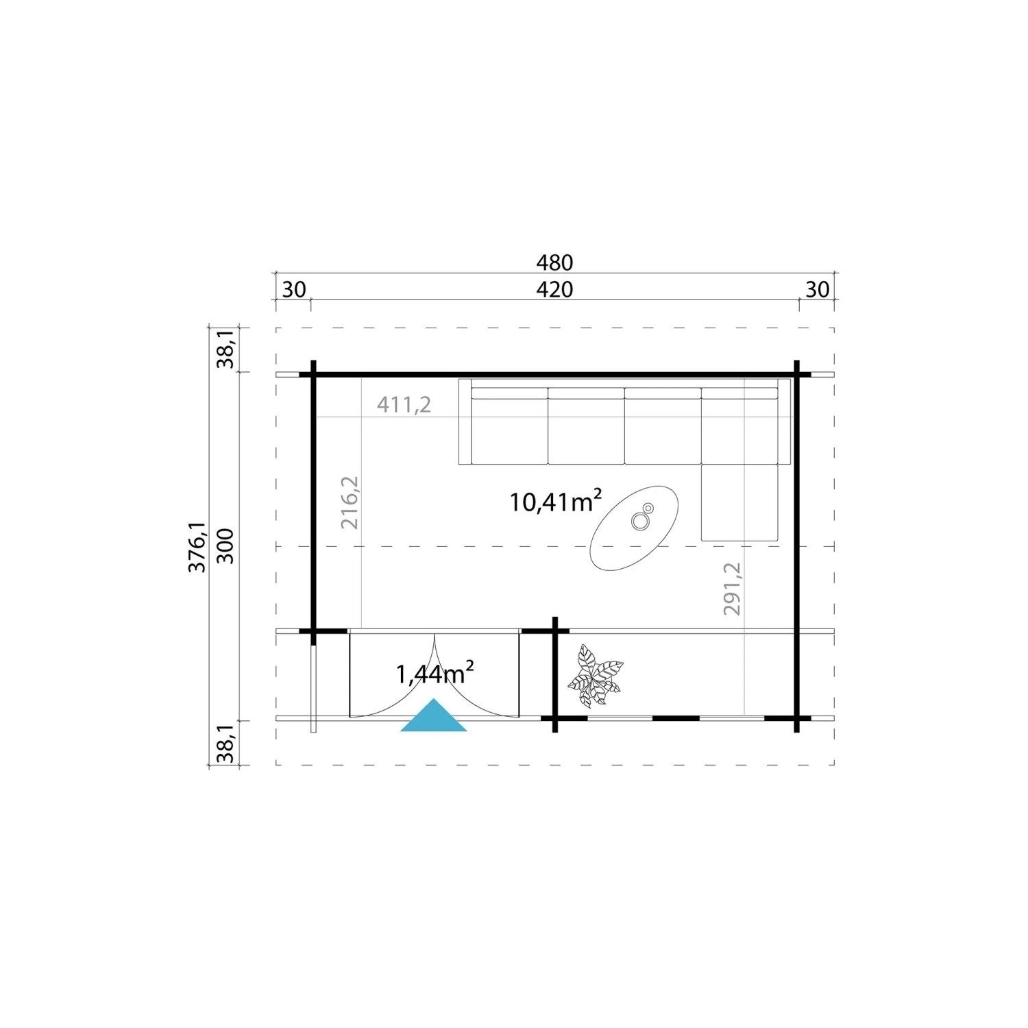 Technischer Grundriss des Lasita Maja Holz-Gartenhauses Hampshire 420x300 cm, zeigt Innenfläche 10,41m² und Dachüberstand.