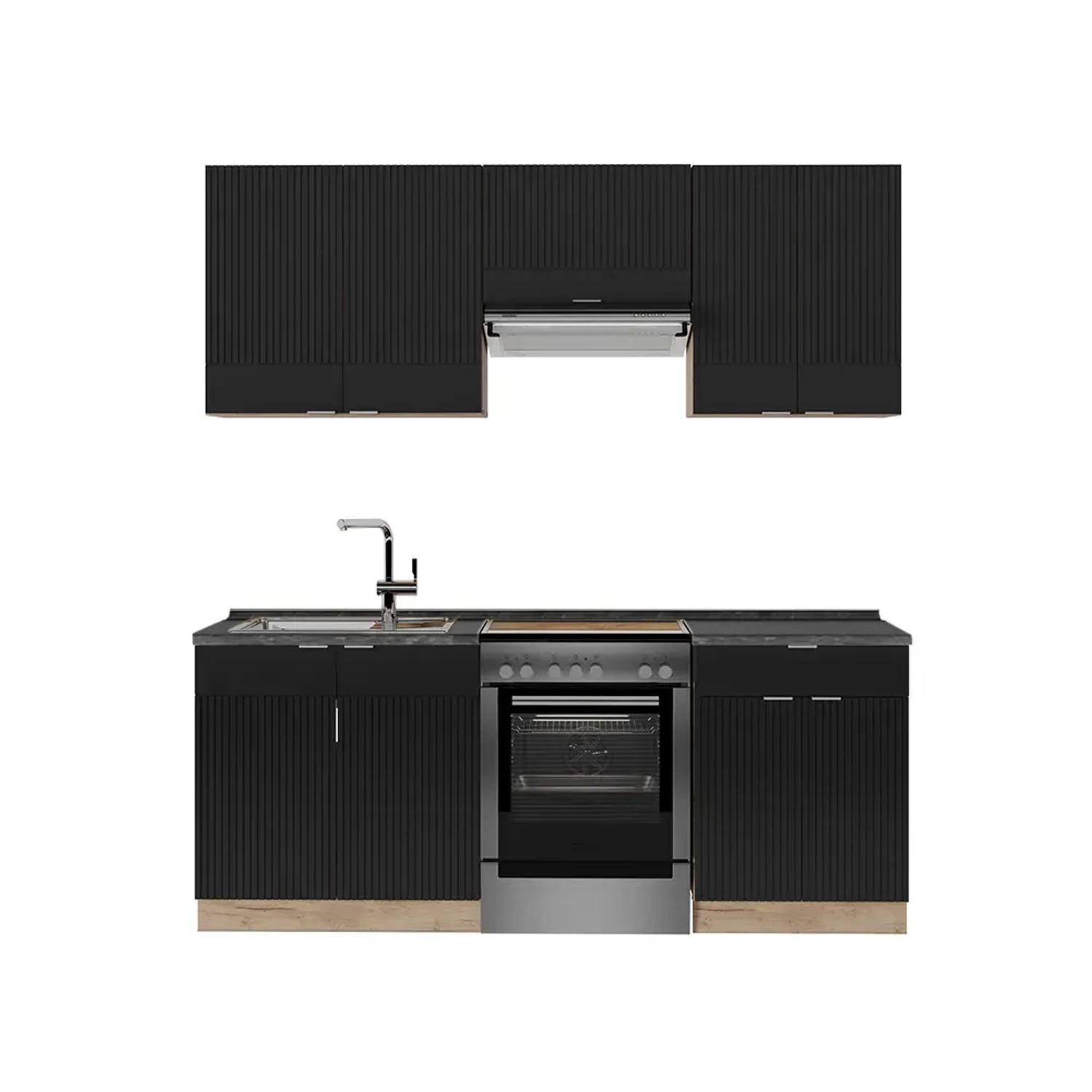 Vicco Fame-Line Küchenschränke Schwarz gestreift/Goldkraft Eiche 200 cm AP Anthrazit ohne E-Geräte