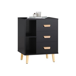 Schwarzer Nachttisch mit 3 Schubladen und offenem Fach, Holzfüße und -griffe.