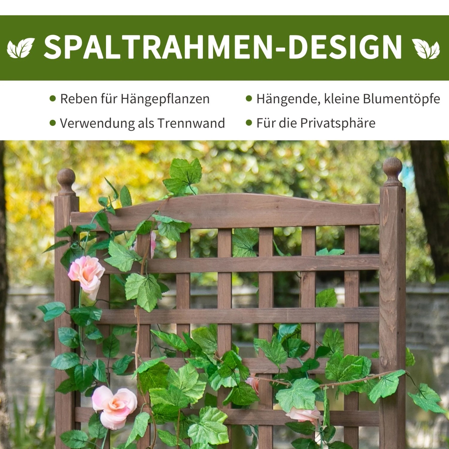 Dunkelbraunes Tannenholz-Spalier des Outsunny Garten-Hochbeets, mit Ranken und rosa Blüten dekoriert. Für Kletterpflanzen.