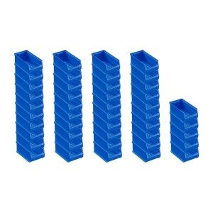 PROREGAL Systemplatte mit 45 blauen Sichtlagerboxen. Aufbewahrungssystem für Werkstatt, Lager und Garage.