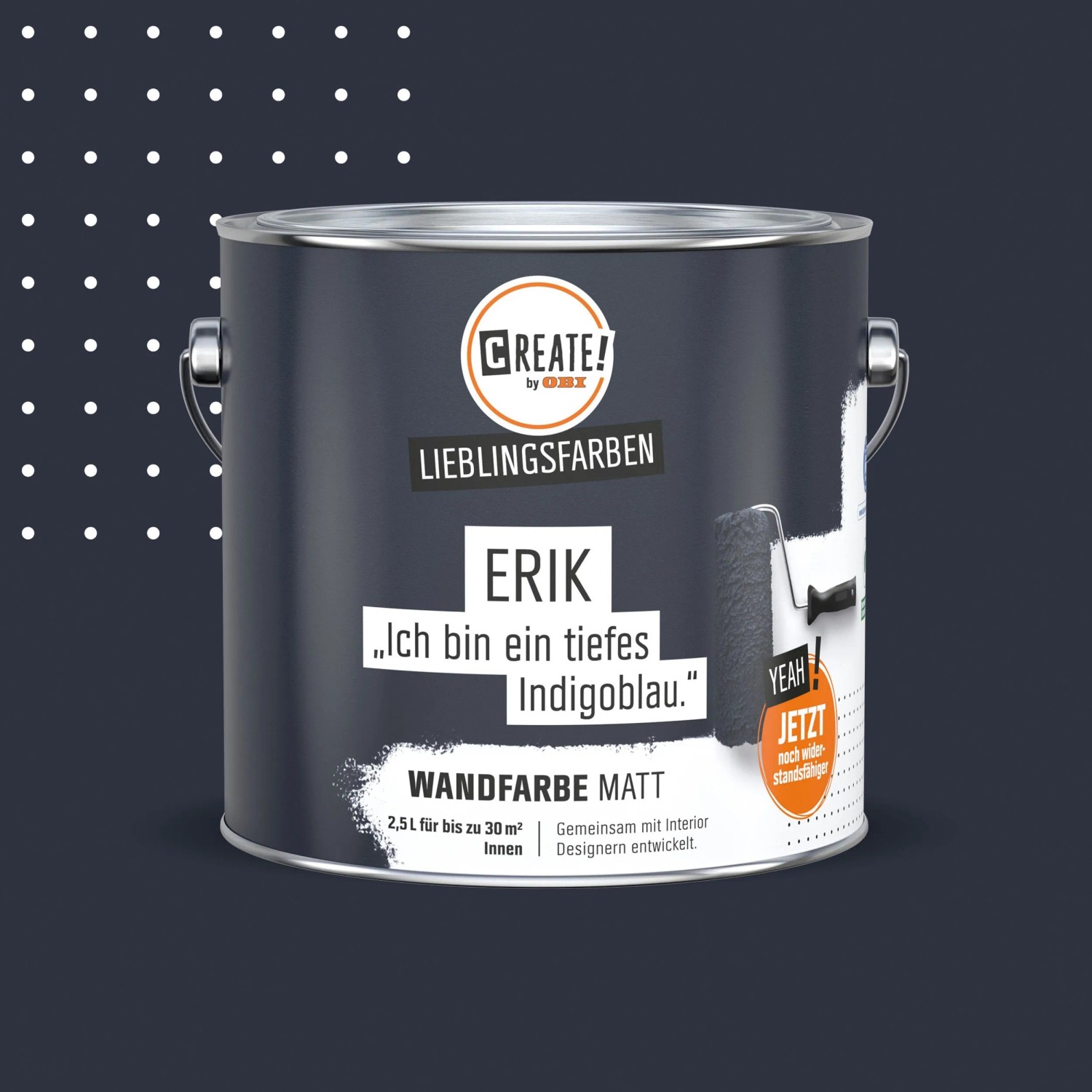 Dunkelblaue, matte CREATE! by OBI Wandfarbe Lieblingsfarbe Erik Indigoblau im Metalleimer.