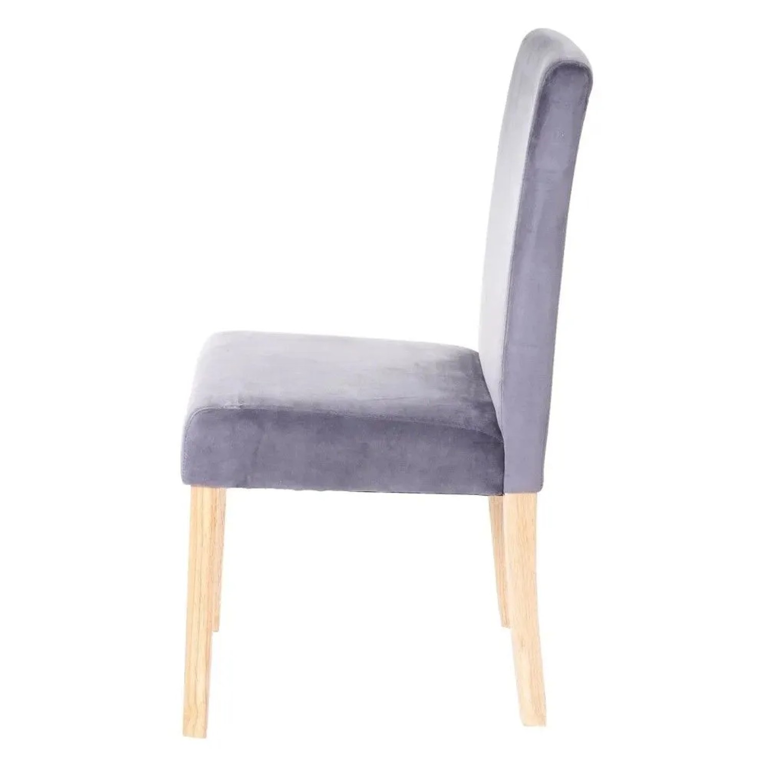 Grauer Samt Esszimmerstuhl Littau mit hellen Holzbeinen im Retro-Design, Seitenansicht.