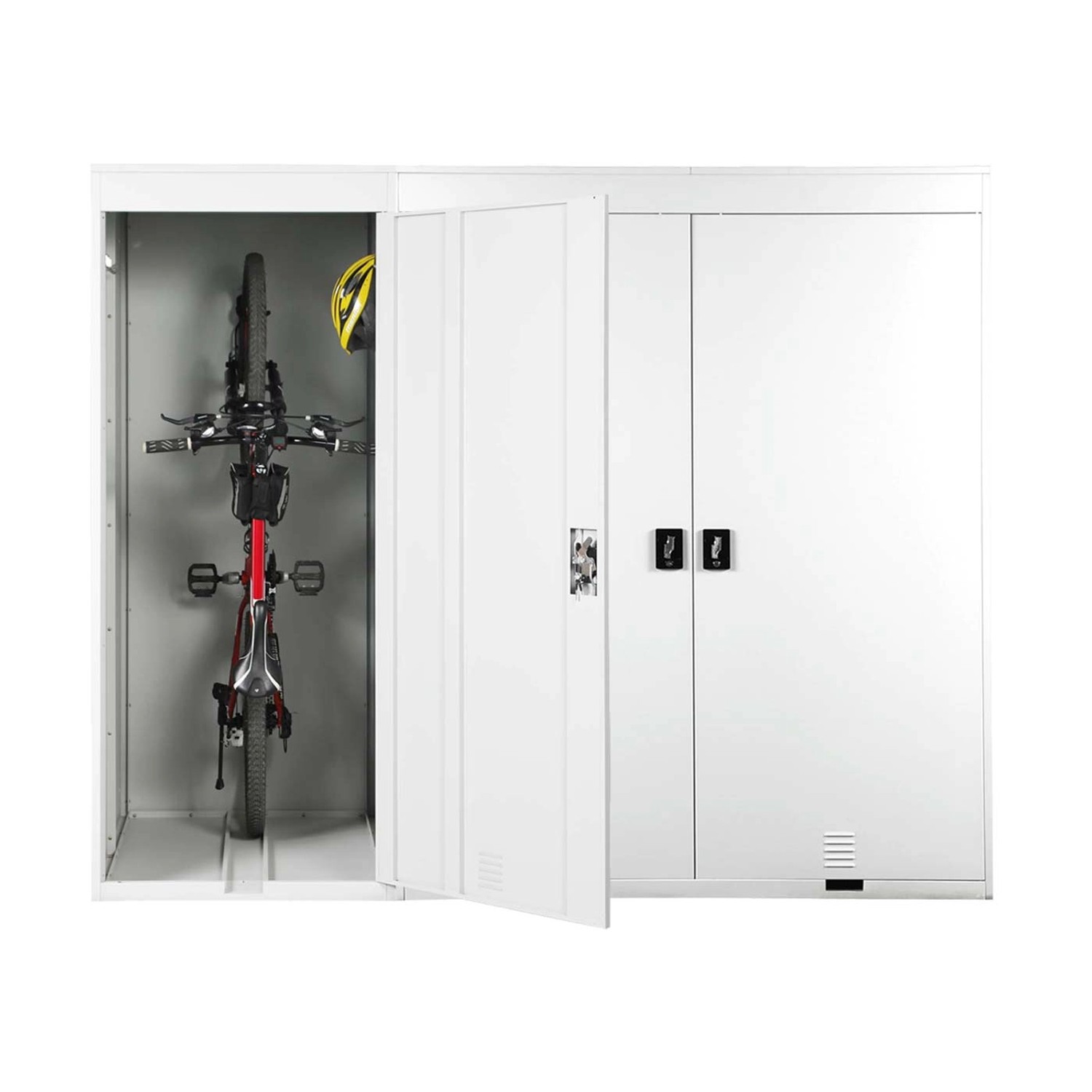 Helle, abschließbare MCW 3er-Fahrradgarage aus Metall mit Fahrrädern und Helm.