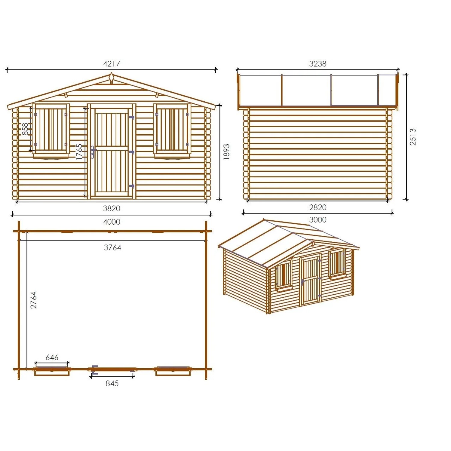 Technische Zeichnung des Altanka Gartenhauses 12 m², 4x3 m, imprägniert, mit Maßangaben.
