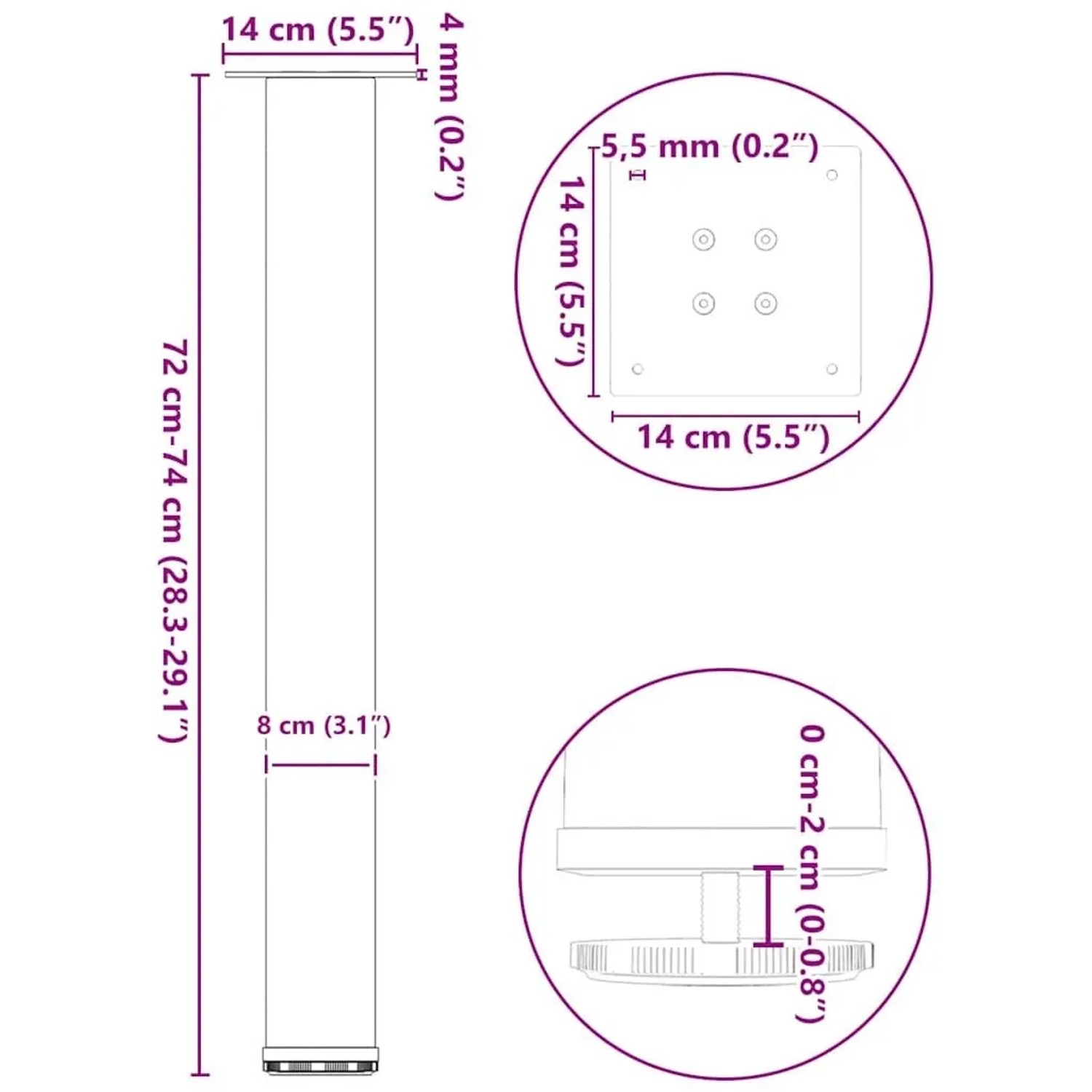 Technische Zeichnung: vidaXL Konsolentischbeine, 4 Stk, schwarz, Stahl, Maße und Details.