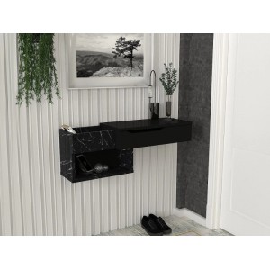 Schwarzer Konsolentisch Dareka, hängend, mit Marmor-Optik, Schublade und Ablagefächern. Modernes Design.