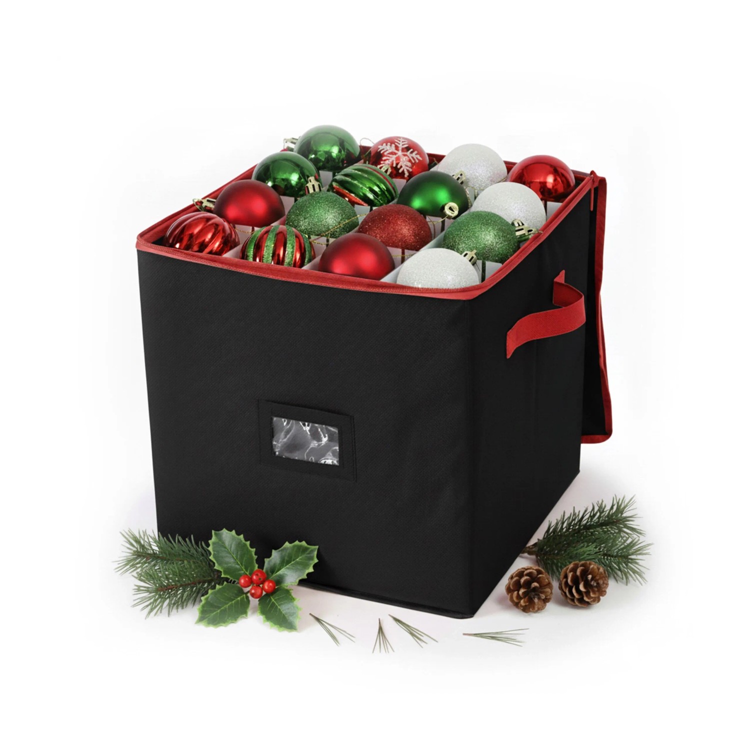 Relaxdays Weihnachtskugel Aufbewahrungsbox Polyester Pappe Kunststoff Schwarz 64 Fächer 33 cm x 33 cm x 33 cm