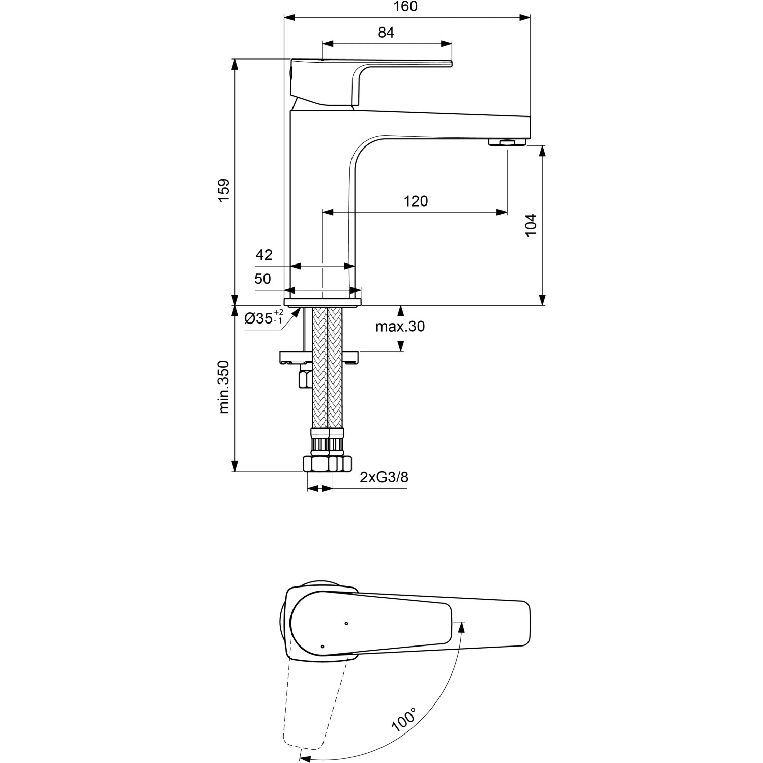 Technische Zeichnung: Ideal Standard Cerafine D Waschtischarmatur, Chrom, Maße und Details.