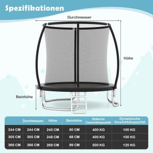 Costway Trampolin Outdoor Ø366 cm, schwarzer Rahmen, Sicherheitsnetz. Gartentrampolin mit Leiter.