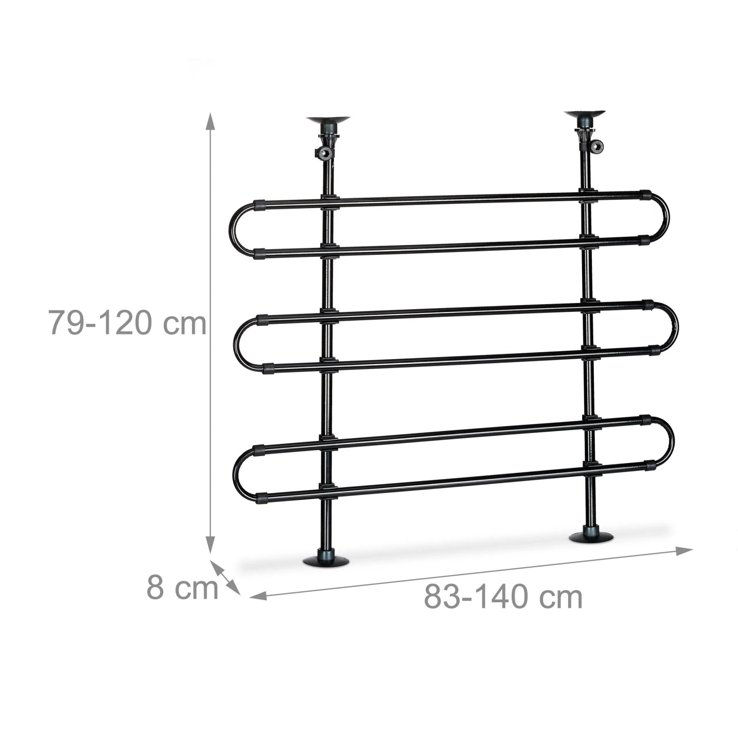 Schwarzes, verstellbares Hundegitter aus Stahl/Kunststoff für Kofferraum, Türen oder Treppen. Maße: 79-120x83-140 cm.
