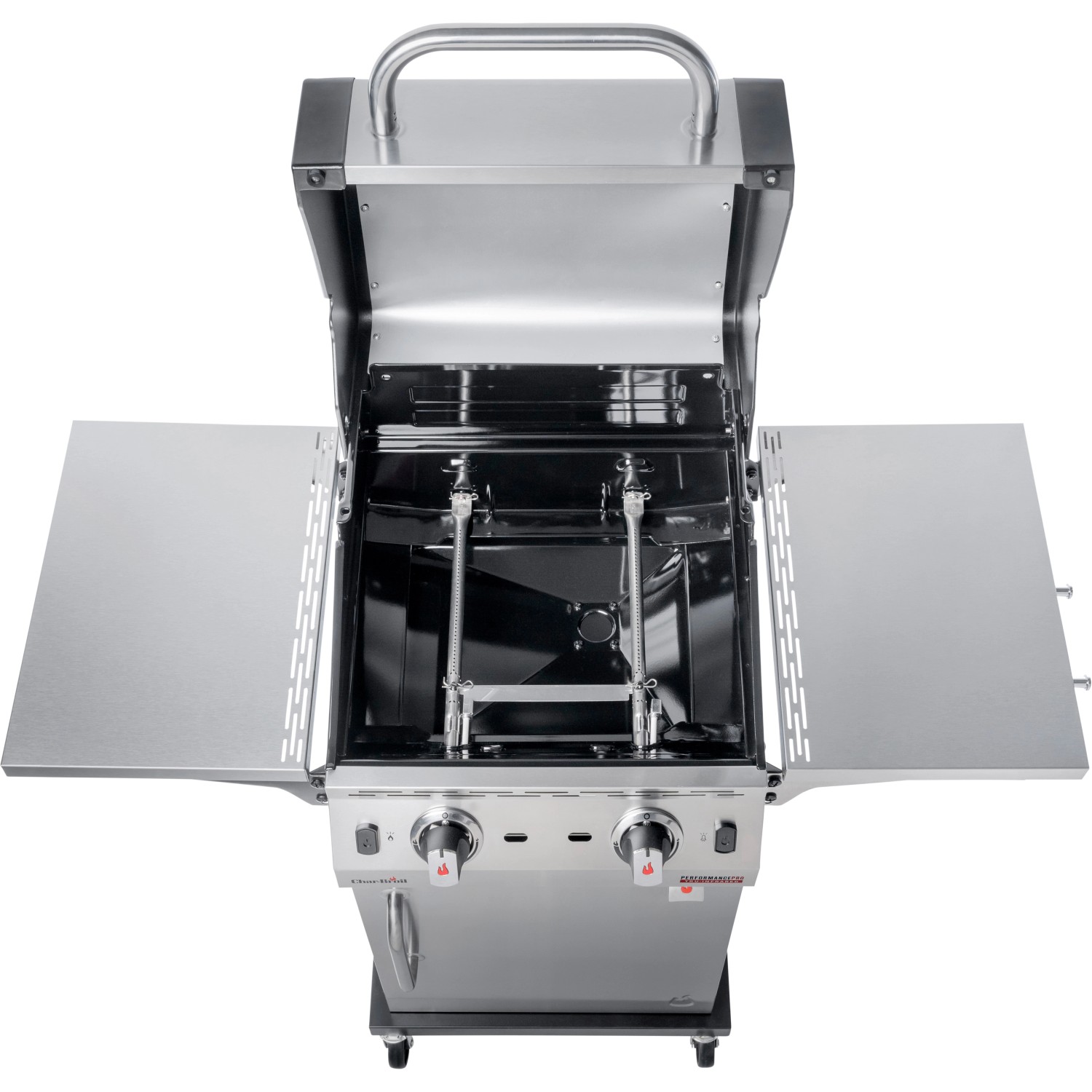 Char-Broil Gasgrill Performance PRO S 2 mit 2 Brennern, Edelstahl, offener Deckel, Seitenablagen.