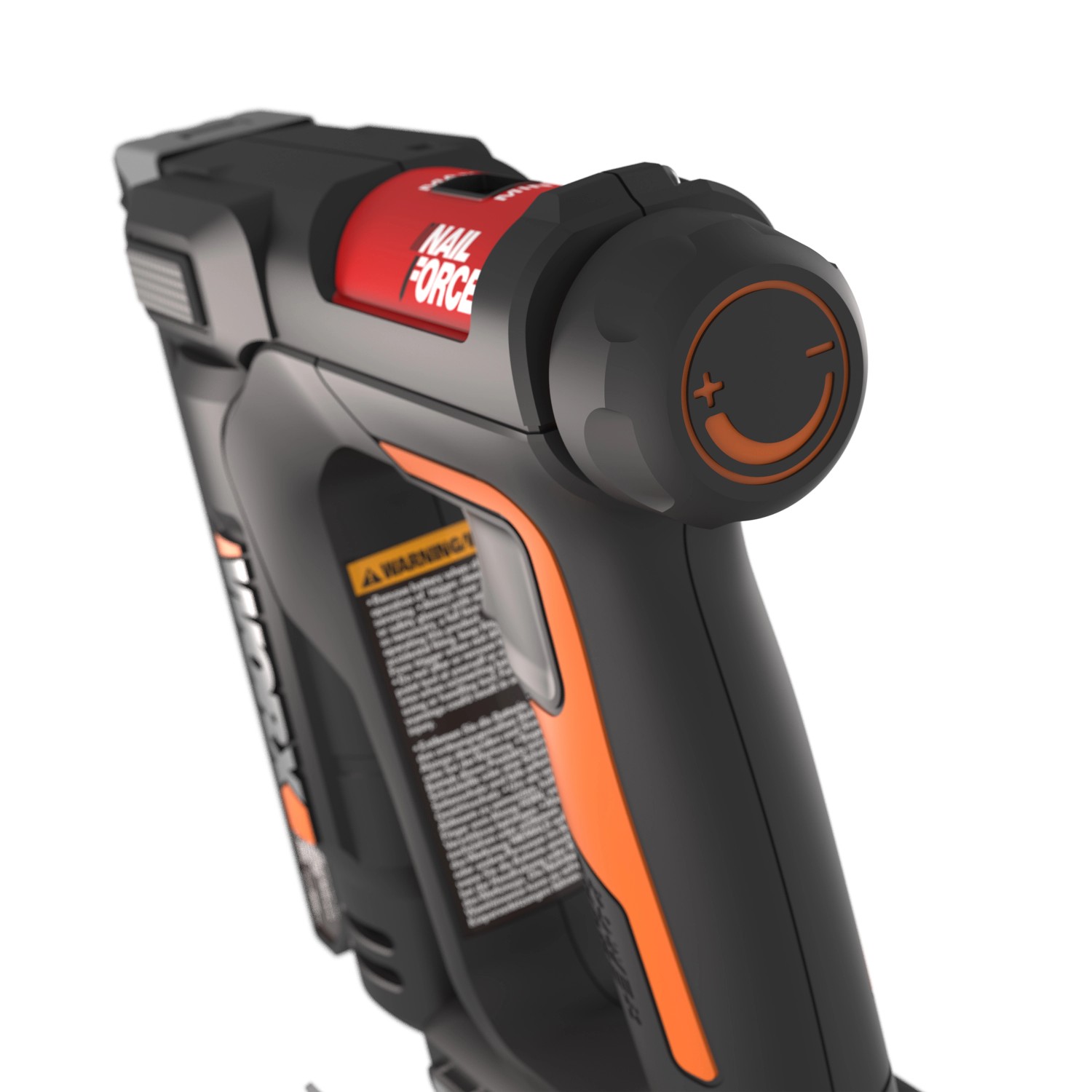 Worx Akku-Tacker WX843: Detailansicht des Tackers mit roter "Nail Force" Anzeige und Einstellrad.