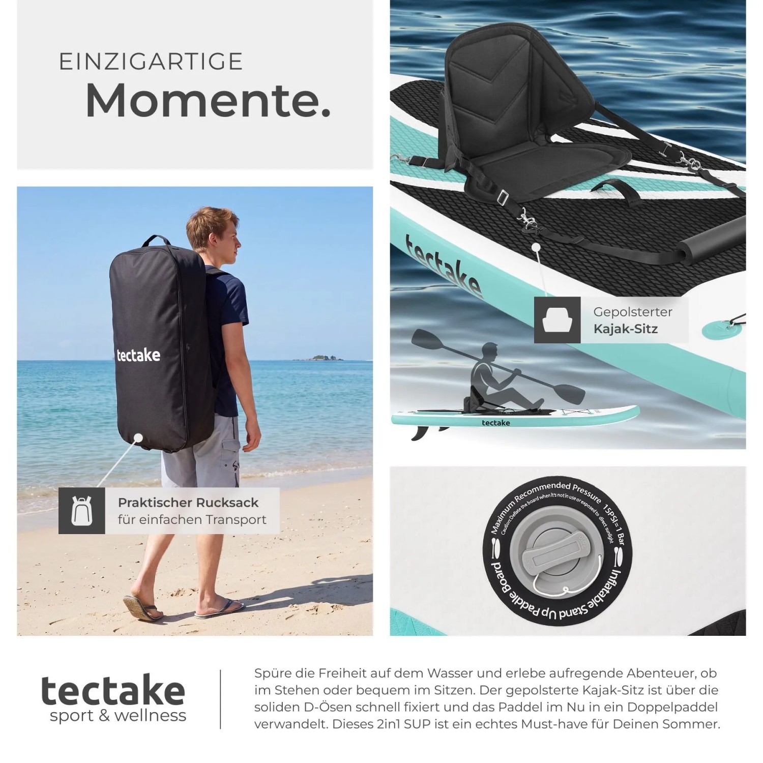Tectake Stand Up Paddle Board Zenon, aufblasbar, mit Kajak-Sitz und Rucksack. Vielseitiges SUP für Wassersport.