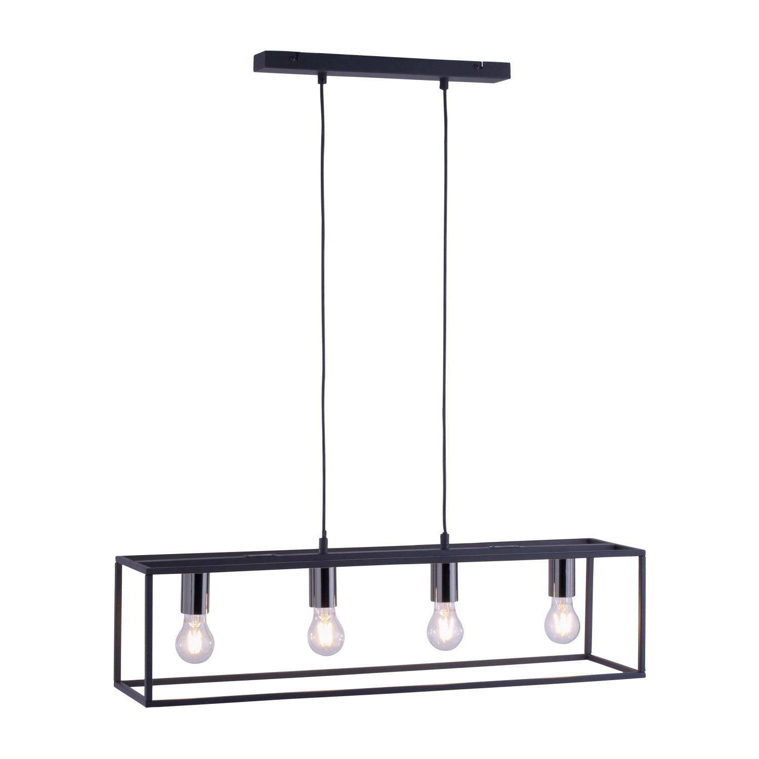 Schwarze 4-flammige Pendelleuchte Fabio im Vintage-Look mit E27 Fassungen.